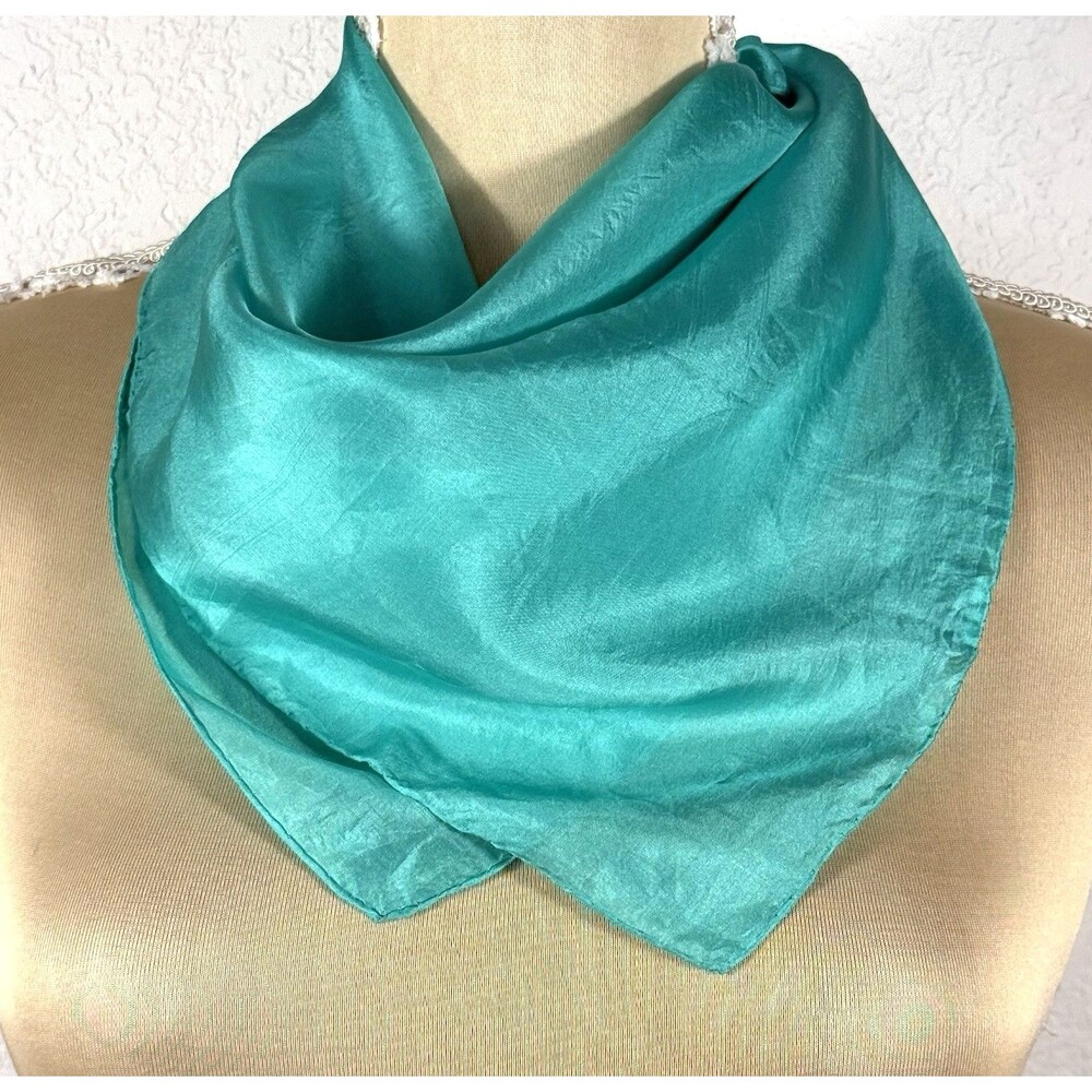 Pure Silk Scarf Turquoise Teal 21x22 Hand Rolled Square Bandana Neck Hair Wrap